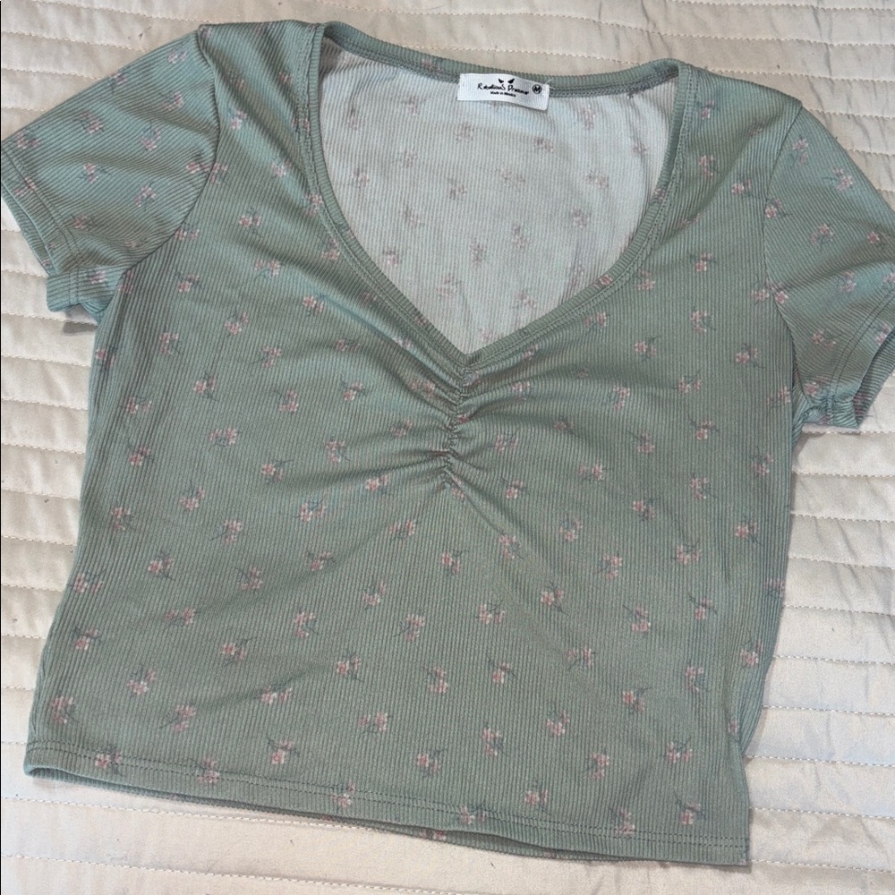 Green Ruched V-Neck Top with Floral Pattern